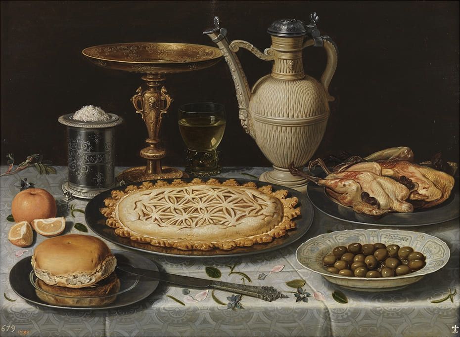 Table with tablecloth, salt shaker, golden cup, cake, jug, porcelain dish with olives and roasted birds, 1611, Clara Peeters. National Prado Museum