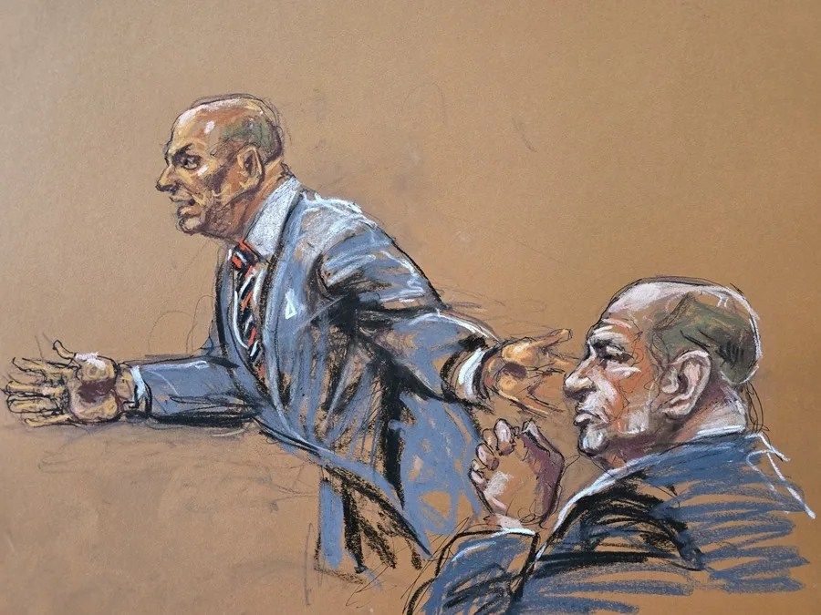 Photograph of a drawing made by the artist Jane Rosenberg where Arthur Aidala, main lawyer of the defense of Harvey Weinstein (D), appears, speaking at the trial against the producer, in a Criminal Court of Manhattan in New York (United States). EFE/Jane Rosenberg