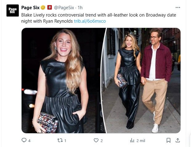 Blake Lively was photographed in New York with Ryan Reynolds, and left no one indifferent to his look / capture x.com/pagesix