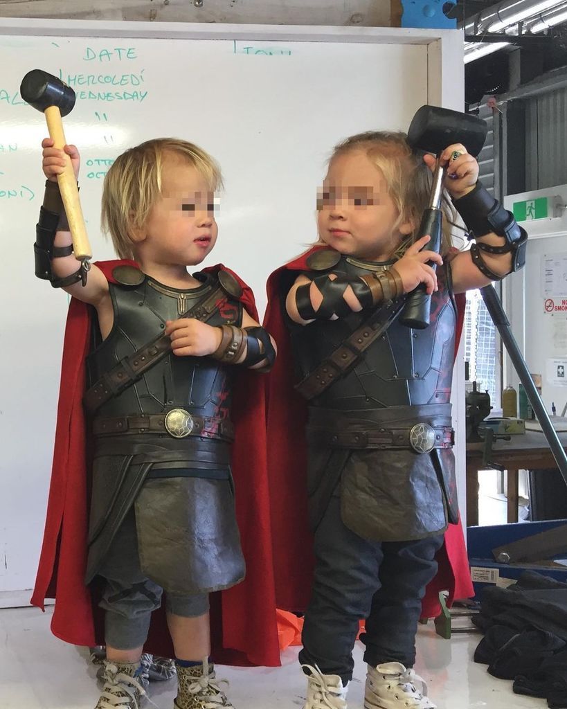 Tristan and Sasha, the twins and young children of Elsa Pataky and Chris Hemsworth, disguised as Thor