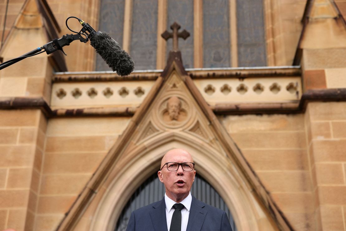 Peter Dutton speaks to the media after attending Mass in Sydney, Australia, on April 22.