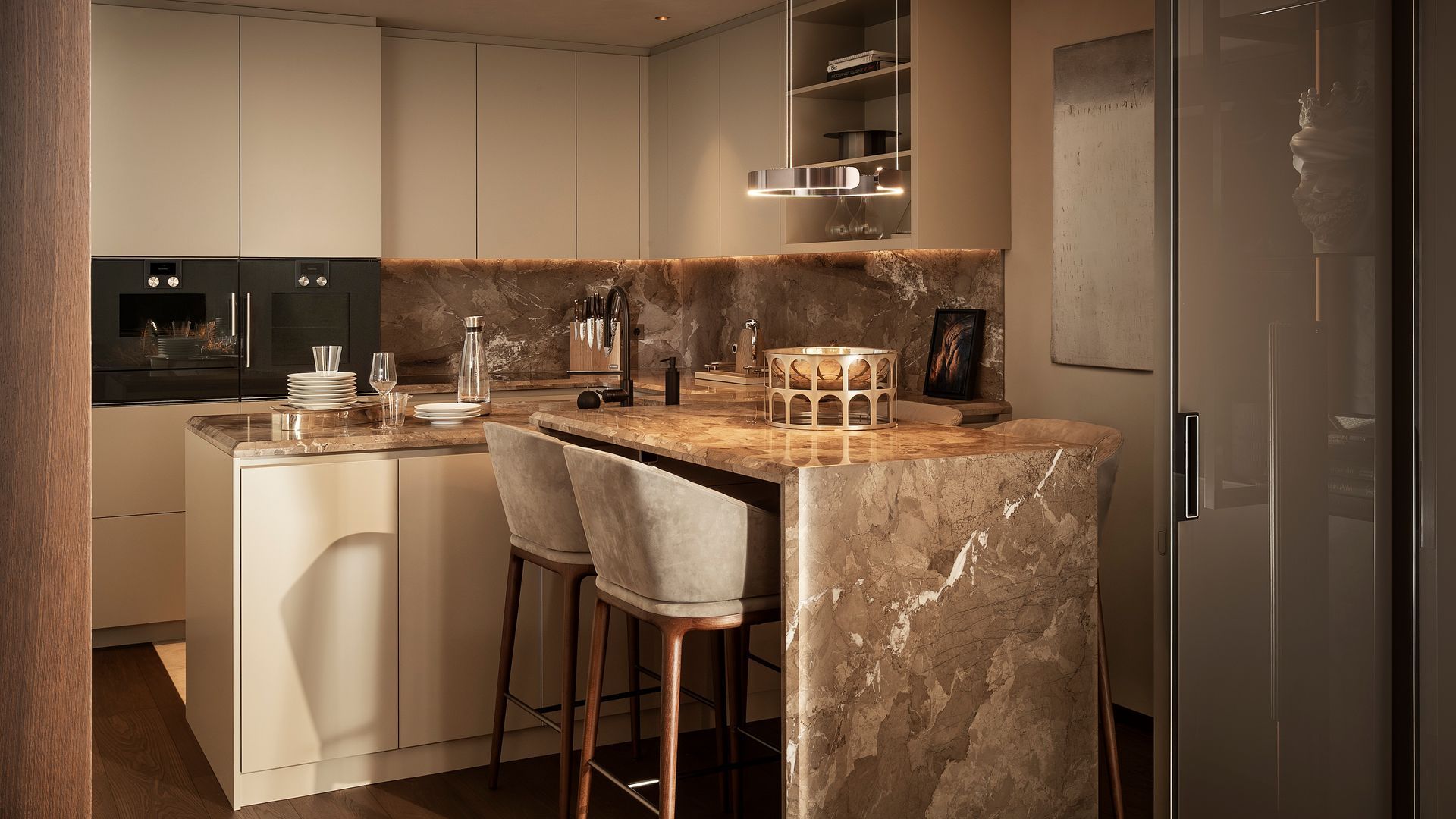 Kitchen with stone island, white furniture, tall stools, ceiling ceiling