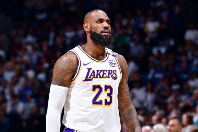 MINNEAPOLIS, MN - APRIL 27: LeBron James #23 of the Los Angeles Lakers looks on during the game against the Minnesota Timberwolves during Round 1 Game 4 of the 2025 NBA Playoffs on April 27, 2025 at Target Center in Minneapolis, Minnesota. NOTE TO USER: User expressly acknowledges and agrees that, by downloading and or using this Photograph, user is consenting to the terms and conditions of the Getty Images License Agreement. Mandatory Copyright Notice: Copyright 2025 NBAE (Photo by Barry Gossage/NBAE via Getty Images)