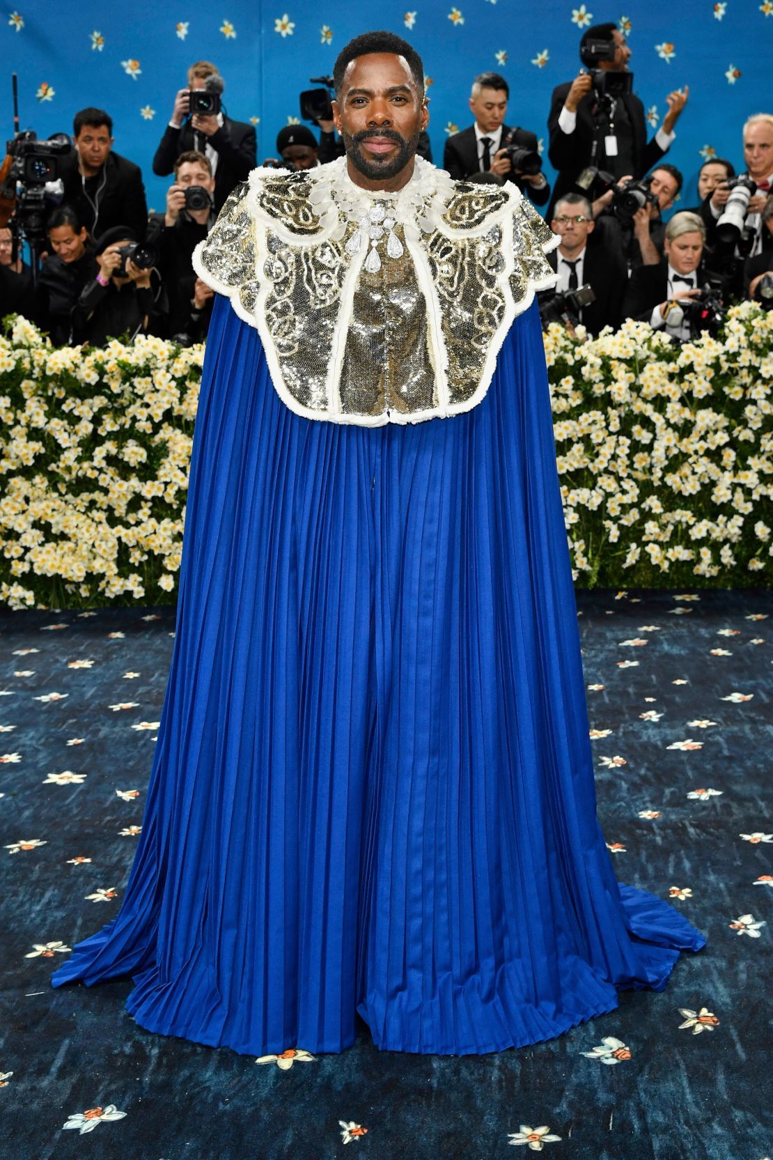 Event co-chair Colman Domingo’s first Met Gala look was a dramatic, floor-sweeping Valentino cape, referencing both royalty and the late André Leon Talley’s iconic 2011 Met Gala outfit.