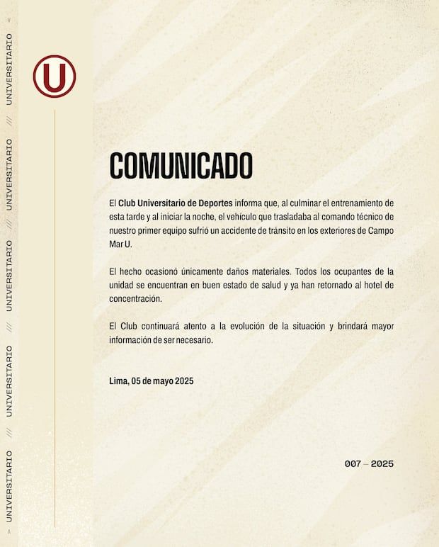 University statement on the accident suffered by Jorge Fossati. (University)