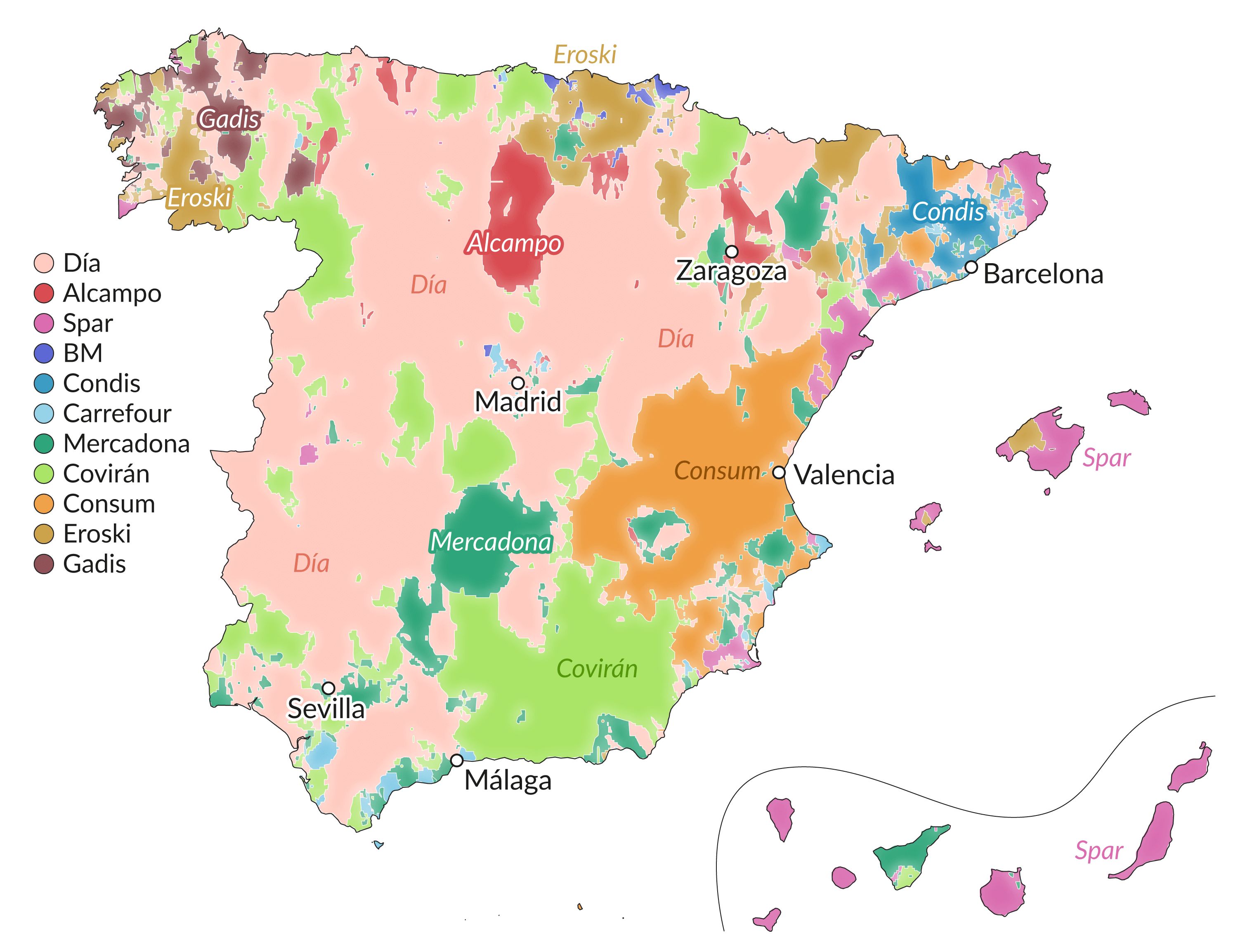 The map of supermarkets in Spain