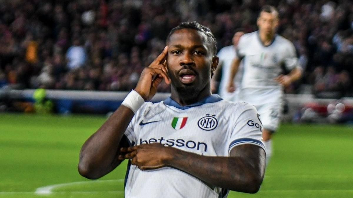 Marcus Thuram celebra su gol, el 0-1 del Inter al Barça en la ida de las semifinales de la Champions en Montjuïc.