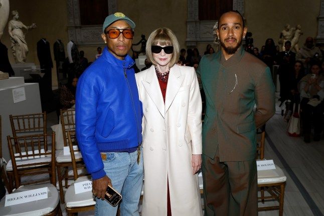 NEW YORK, NEW YORK - OCTOBER 09: Pharrell Williams, Anna Wintour, and Lewis Hamilton attend a press conference announcing the Spring 2025 Costume Institute exhibition