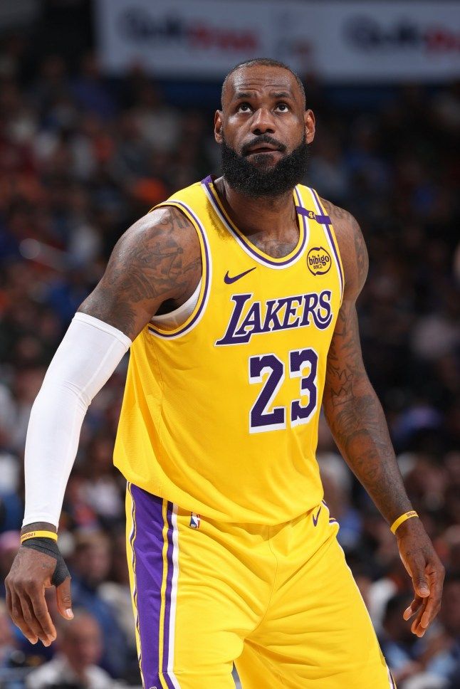 OKLAHOMA CITY, OK - APRIL 8: LeBron James #23 of the Los Angeles Lakers looks on during the game against the Oklahoma City Thunder on April 8, 2025 at Paycom Center in Oklahoma City, Oklahoma. NOTE TO USER: User expressly acknowledges and agrees that, by downloading and or using this photograph, User is consenting to the terms and conditions of the Getty Images License Agreement. Mandatory Copyright Notice: Copyright 2025 NBAE(Photo by Joe Murphy/NBAE via Getty Images)