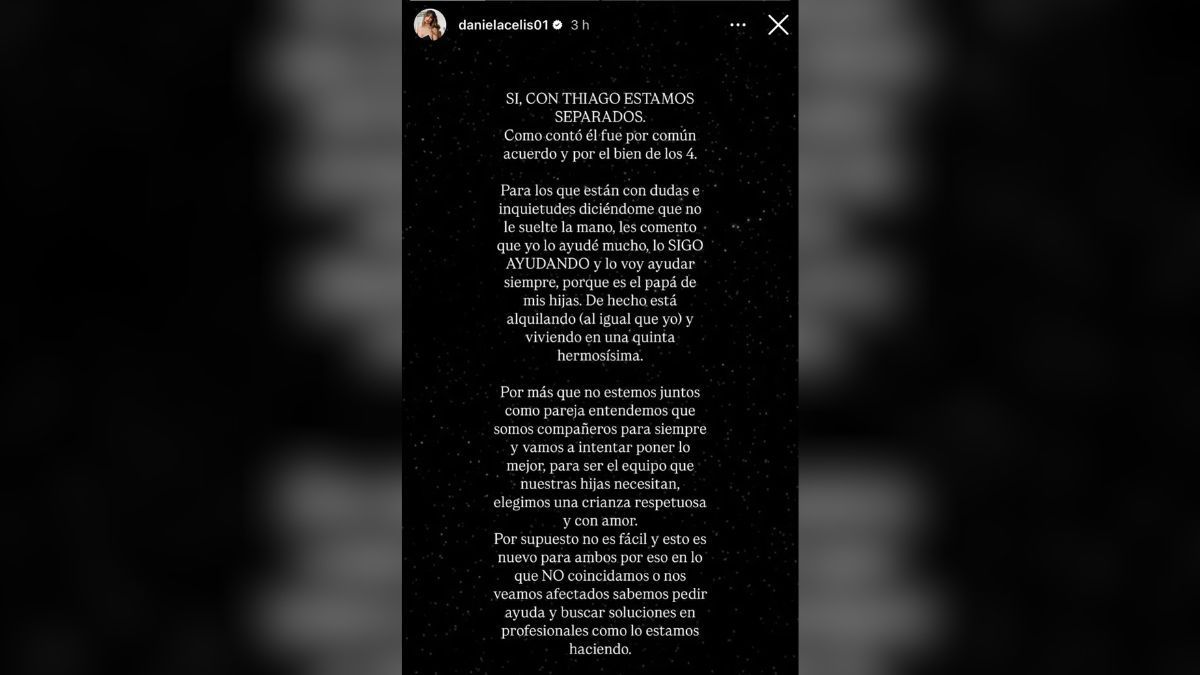 Daniela Celis's post confirming her break with Thiago Medina. Daniela Celis's post confirming her break with Thiago Medina.