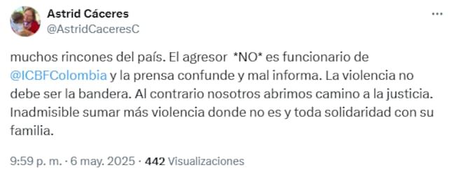 Astrid Cáceres, director of ICBF Colombia, denounced aggression to one of its officials. Photo taken from the profile of X @astridcaceresc