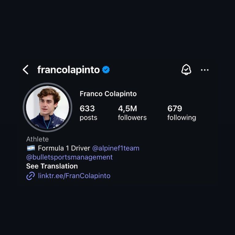 Franco Colapinto updated profile on Instagram. (Photo: capture).