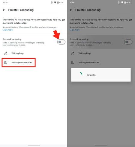 Private processing activation, key to the WhatsApp summary (still hidden)