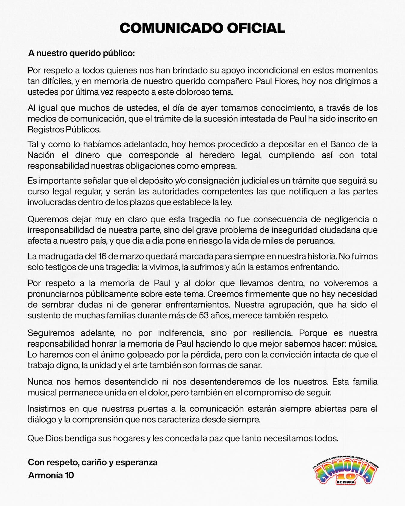 Harmony statement 10 regarding the payment of commitments to relatives of Paul Flores Harmony statement 10 regarding the payment of commitments to relatives of Paul Flores.