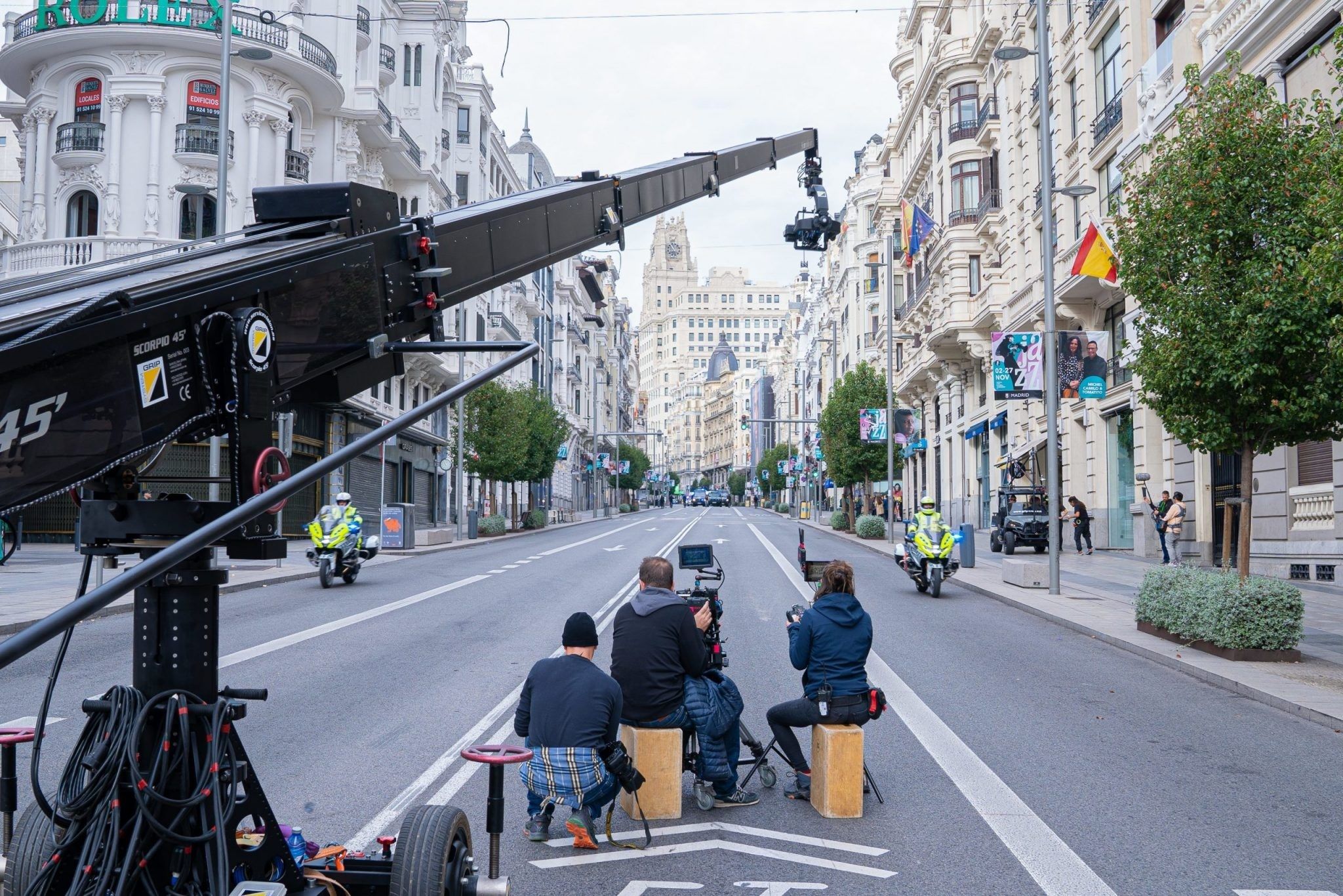 Archive image of a filming in the Gran Vía in Madrid.