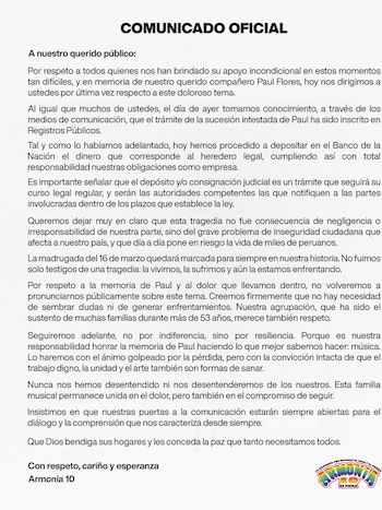 Harmony 10 publishes statement and