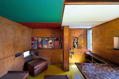 Interior of Cabanon, the cabin built by Le Corbusier in 1951 in Cap-Martin.