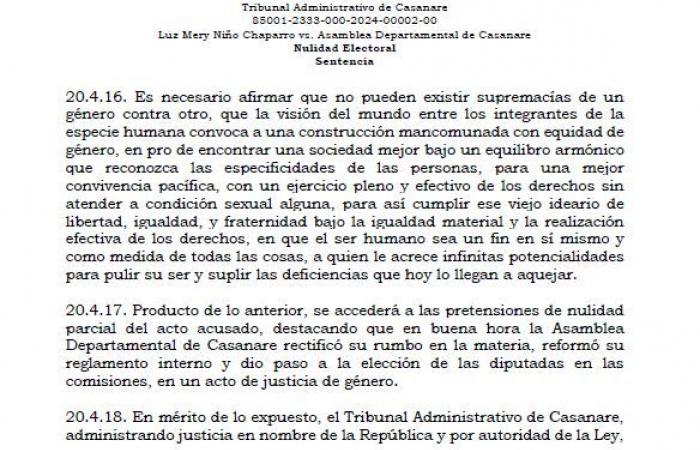 Court orders the Casanare Assembly to repeat the election of some commissions due to gender discrimination