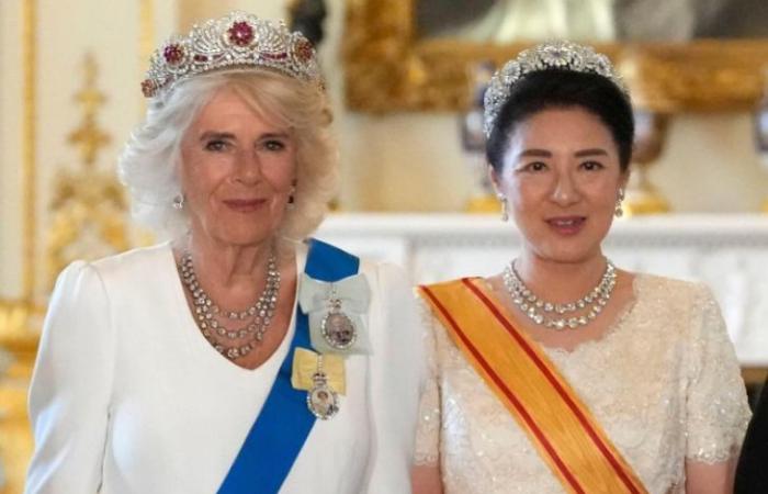 Masako of Japan, the sad empress, wears the impressive chrysanthemum tiara for the first time