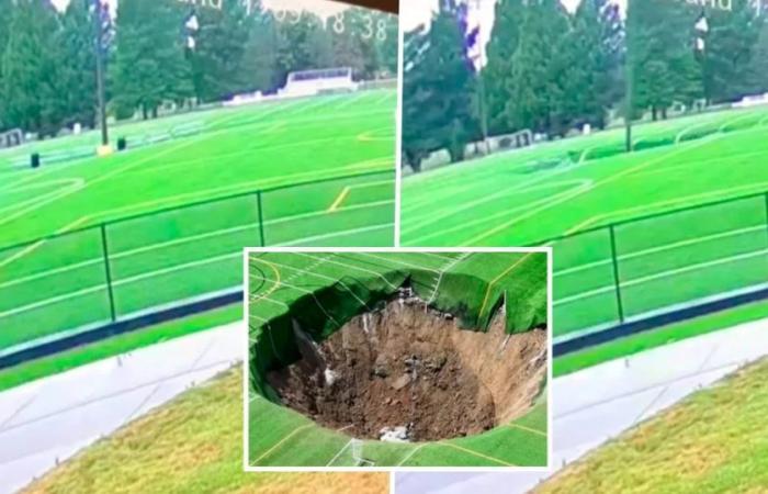 The shocking moment a giant crater opened up on a US football field
