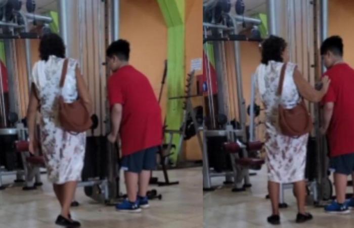 Grandma goes to the gym to support her grandson while he works out and video goes viral