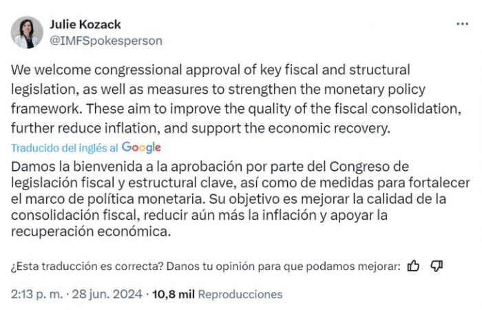 The IMF welcomed the approval of the Bases law and the fiscal package