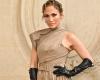 Jennifer Lopez wears a beige dress and high-heeled sandals at Haute Couture Week Fall-Winter 2024